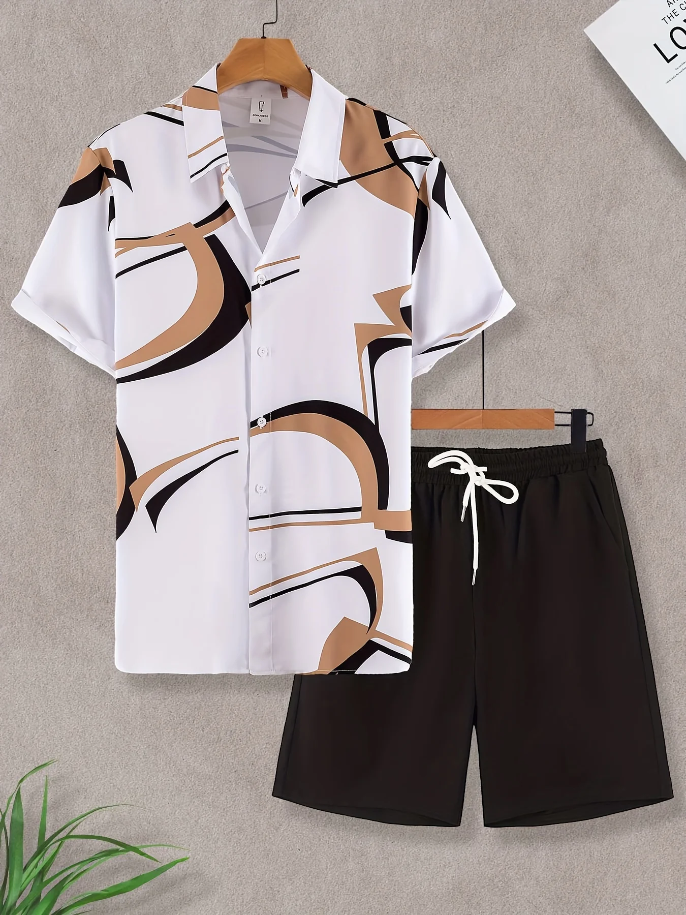 Striped Pattern Print 2-piece Men\'s Casual Summer Outfit Set Men\'s Creative Short Sleeve Button Lapel Shirt Top Shorts Suits