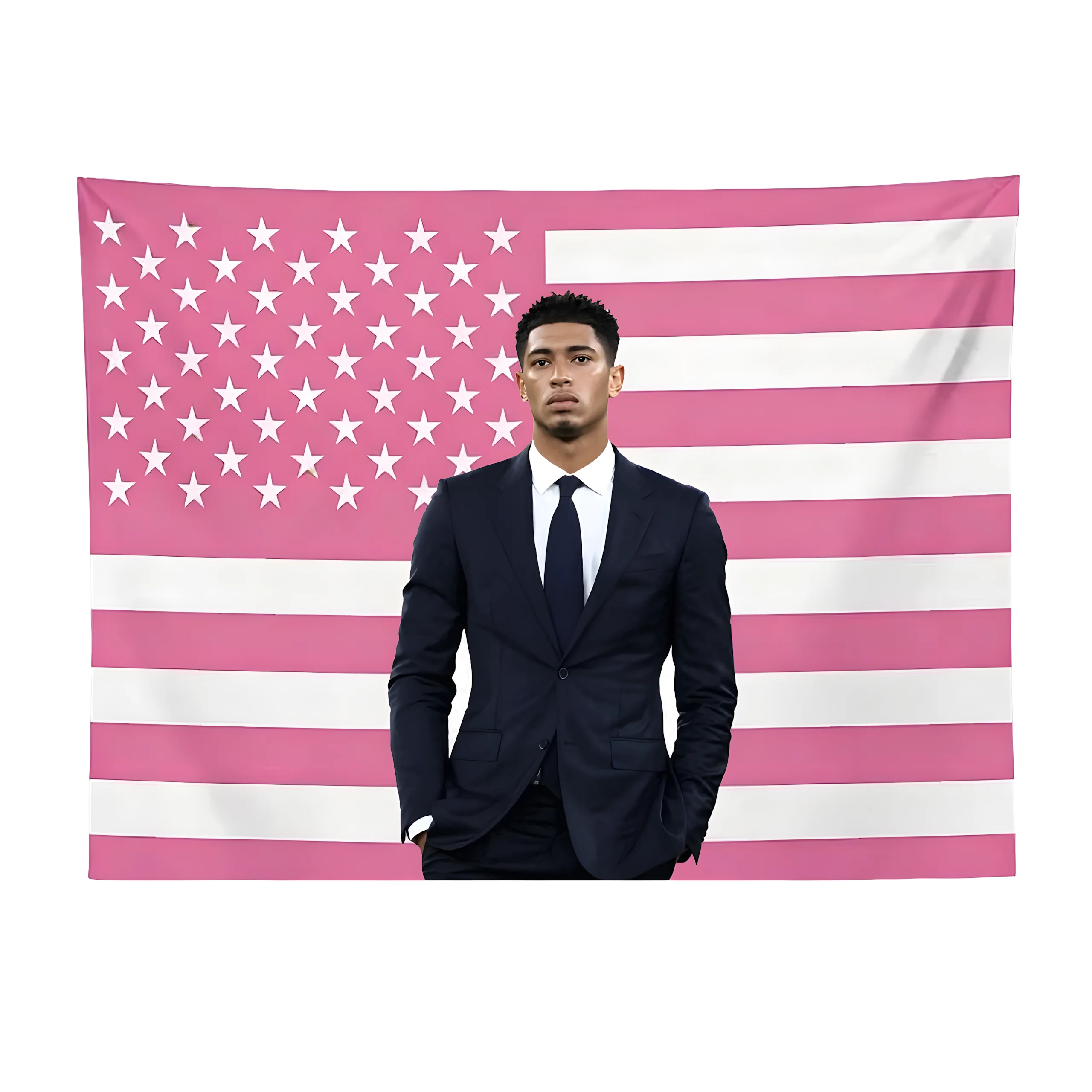 Jude Bellingham Portrait Tapestry, Pink American Flag Background Wall Hanging for Football Fan Bedroom Man Cave Sports Room Deco