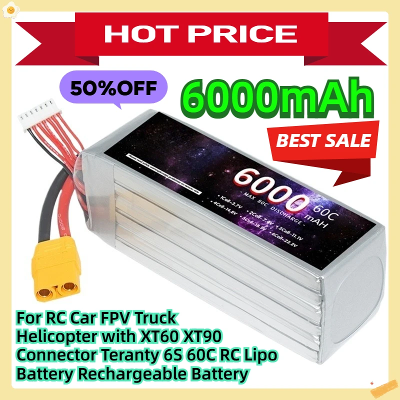 

For RC Car FPV Truck Helicopter with XT60 XT90 Connector Teranty 6000mAh 6S 22.2V 60C RC Lipo Battery Rechargeable Battery