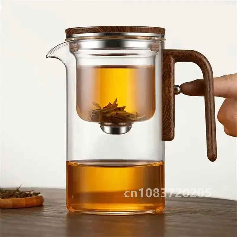 

One Click Magnetic Switch Separation Filtration Glass Tea Pot Wood Handle Tea Water Separation Inner Container Teapot