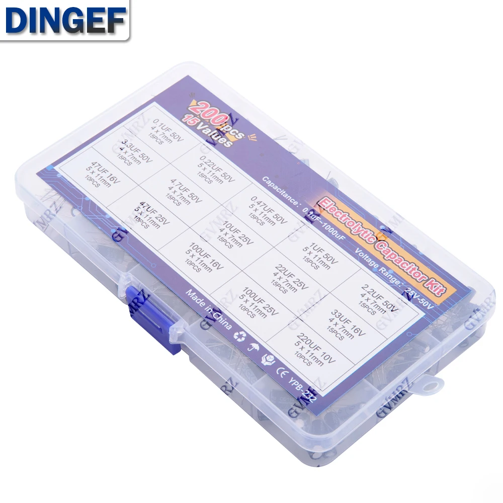 15Values 200pcs Electrolytic Capacitor Organization Storage 0.1-220uF Capacitors Assortment Box Kit