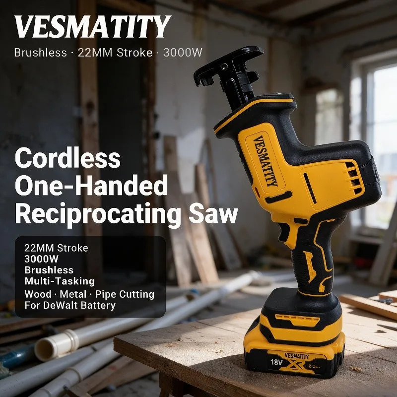 Cordless One-Handed Reciprocating Saw 22MM Stroke 3000W Brushless Swift Wood Metal Pipe Cutting Multi-Tasking For Dewalt Battery