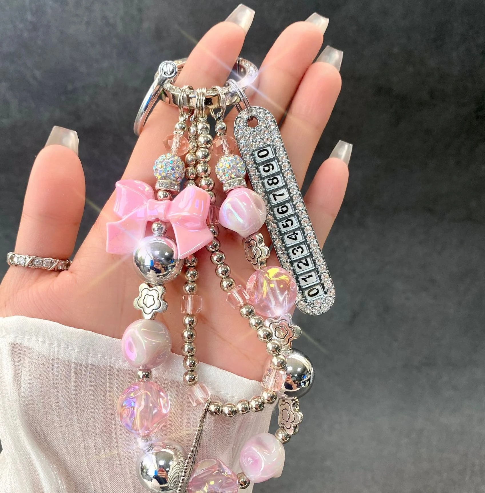 

Bow Mobile Phone Bag Lanyard, Car Key Chain Double Chain U Disk Bag Number Plate Accessories Mobile Phone Chain Bag Accessories