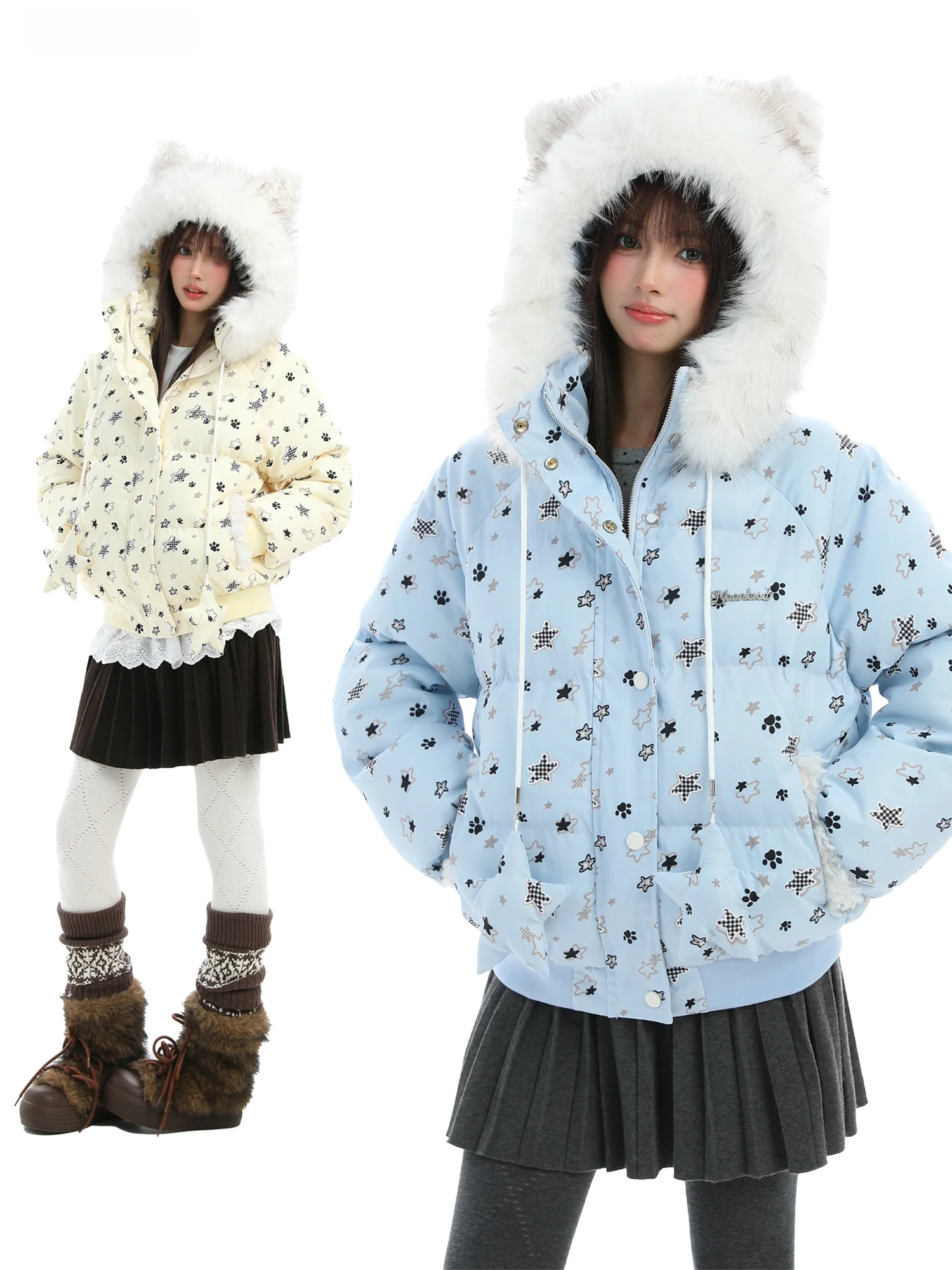 

Women's Thiened Winter Cotton Jaet with Hood And Fur Collar PTGINKIN Star Print Bread Sle Coat Sweet College Sle