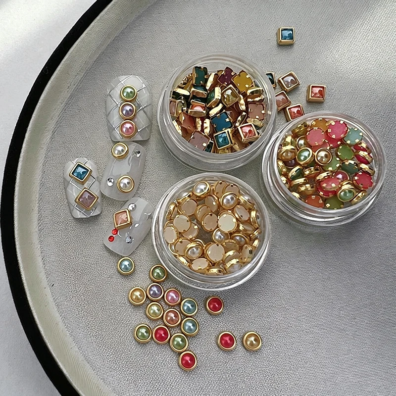 1/3Jars Multicolor Gold Edge Pearls Nail Rhinestones 3D Colorful Square Round Gemstone Flatback Nail Charms Vintage Nail Decors