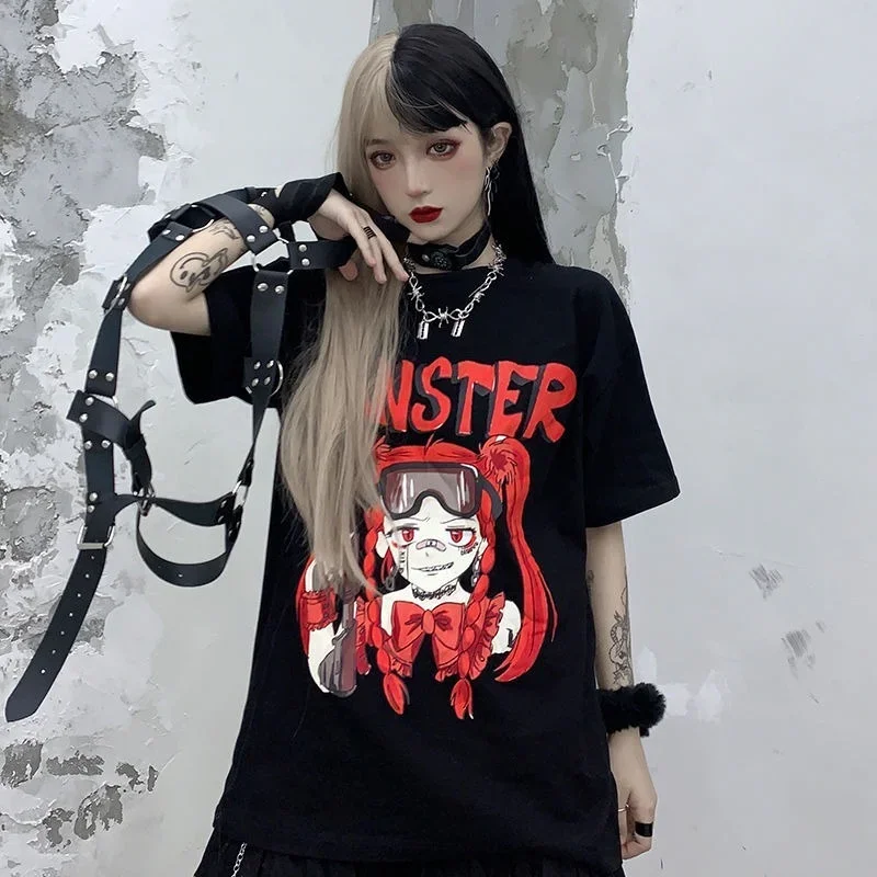 

QWEEK Japanese Harajuku Anime Graphic T-shirts for Women 2021 Gothic Punk Dark Kawaii Cute Short Sleeve Tshirts Steetwear Alt