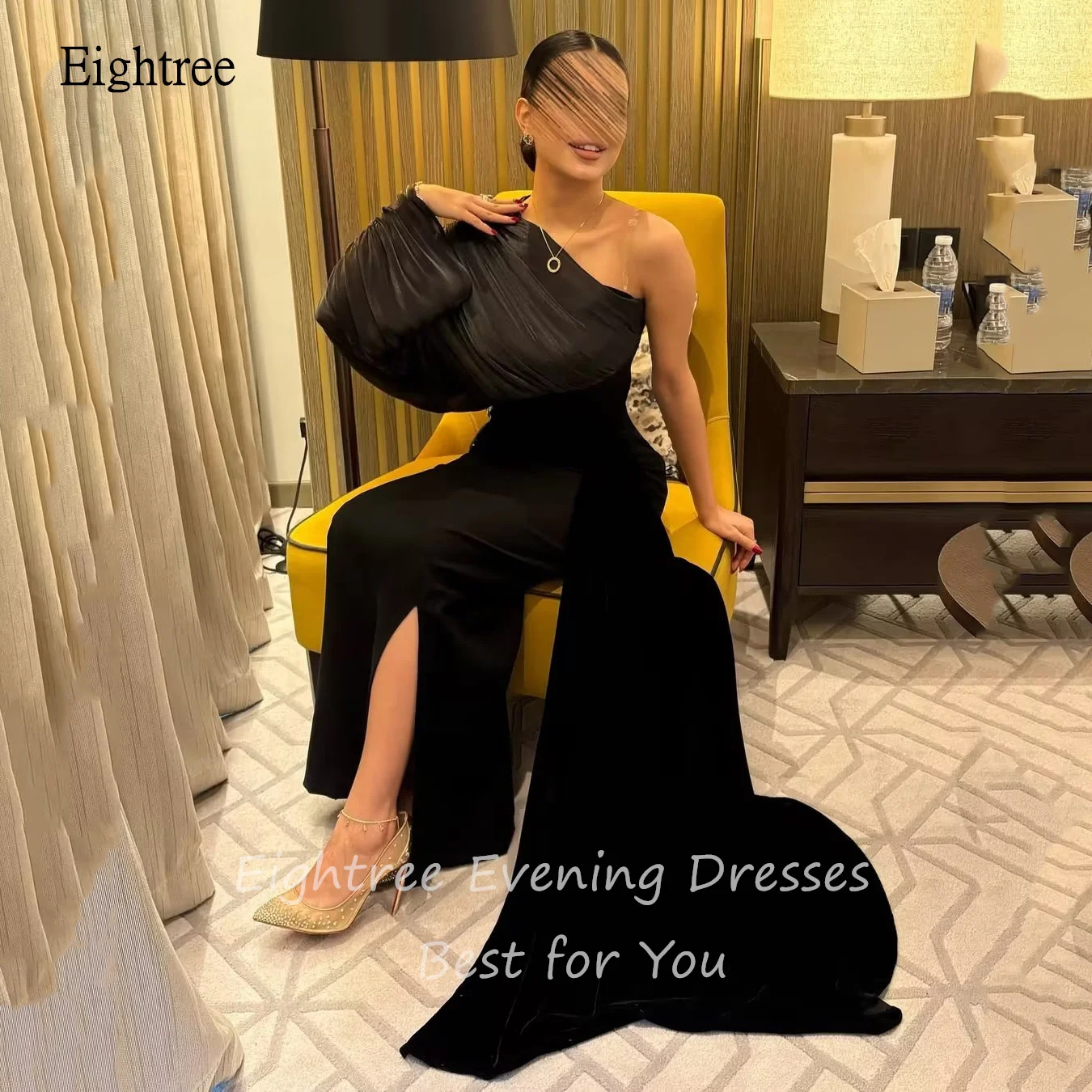 Eightree Vintage Black Mermaid Prom Gowns One-Shoulder Formal Party Gown Side Slit Floor Length Evening Dress Customized