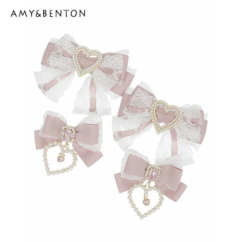 

Japanese Style Cute Girl Lace Rhinestone Bow Hair Accessory Heavy Beading Patchwork Color Hair Clip Lolita Kawaii Hair Accessory