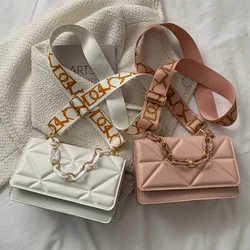 Chain Small Square Bag Wide Strap Flap Ladies Handbags Fashion Embossed Casual Portable Simple Solid Color for Weekend Vacation