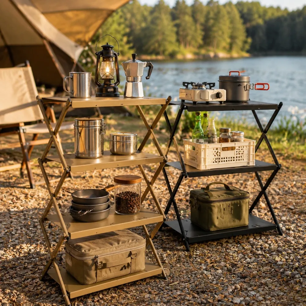 4 Tier Folding Storage Rack Outdoor Camping Shelf Portable BBQ Picnic Organizer Garden Foldable Table Storage Stand