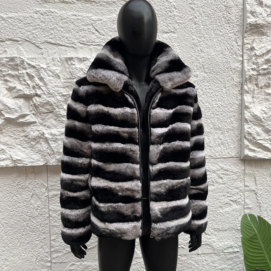 Rex Rabbit Fur Coats With Turndown Collar High Quality Natural Fur Jacket Real Fur Coat Men Short Chinchilla Color Fur Coat