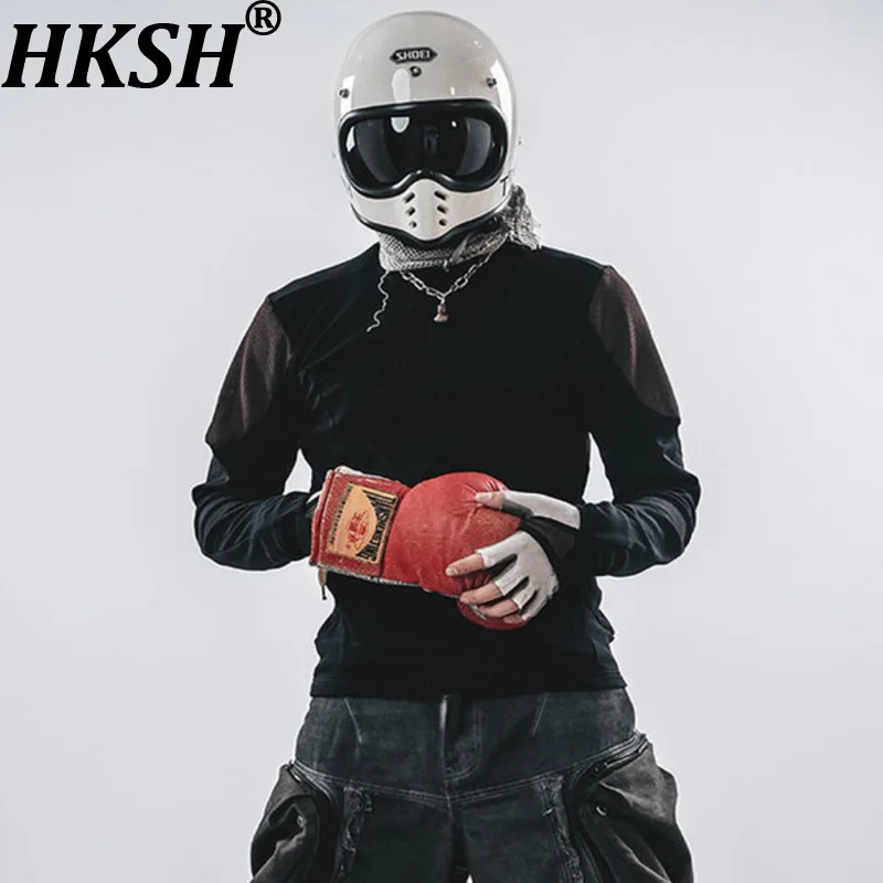 

HKSH Autumn New Men Tide Slim Mesh Patchwork Three-Dimensional Tailor Color Block Breathable Cotton Long Sleeve T-shirts HK14440