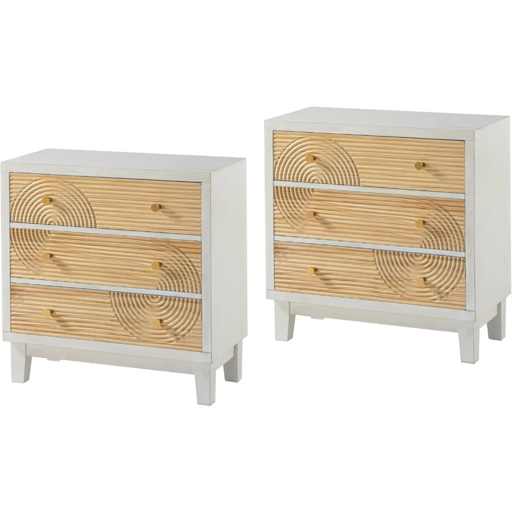 3-Drawer White Dresser X2 With Handicraft Wood Ring Motif Showcases Mid-Century Display Cabinet in the Living Room Rustic Style