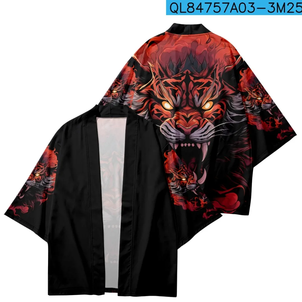

Japanese Style Anime Tiger Print Traditional Kimono Men Yukata Cardigan Shirts Cosplay Haori Oversized Streetwear Tops