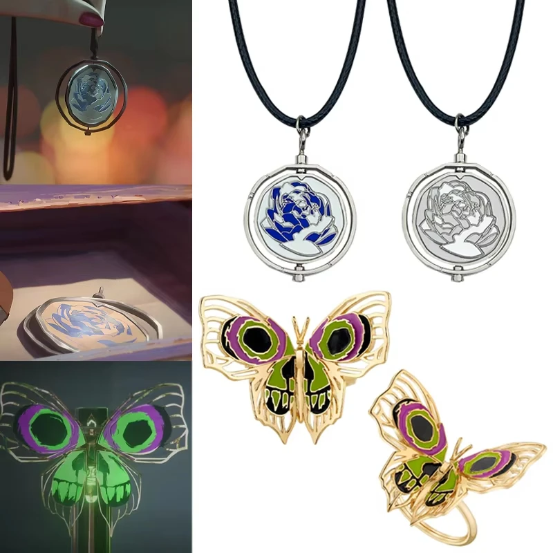 Game LOL Anime Arcane Jinx Cosplay Blue Rose Rotatable Necklace Ekko Cosplay Rings Wild Fire Butterfly Rings For Hallowmas Gift