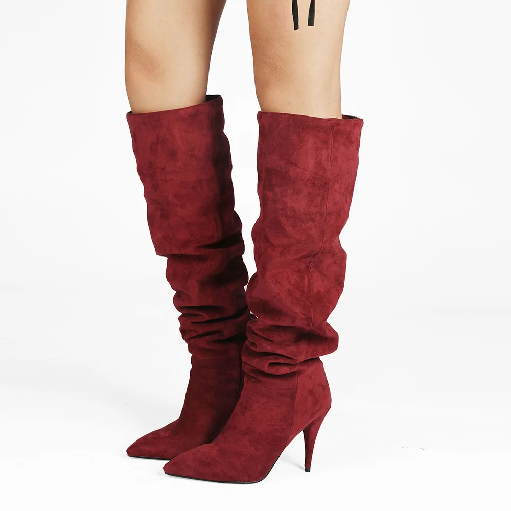 

Sleeve Pleated Burgundy Brown Over-The-Knee Boots Large-Size Cone-Heel High Botines Soft Leather Stiletto Women Botas Femininas