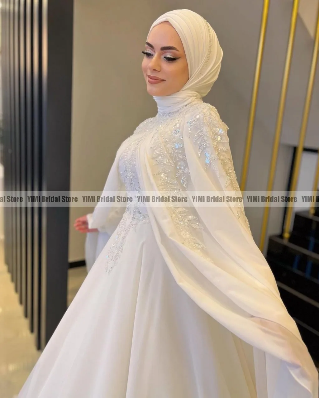 Elegant Muslim Wedding Dresses with Cape High Neck Long Sleeves Sweep Train Chiffon Appliques Beading Hijab Bride Bridal Gowns