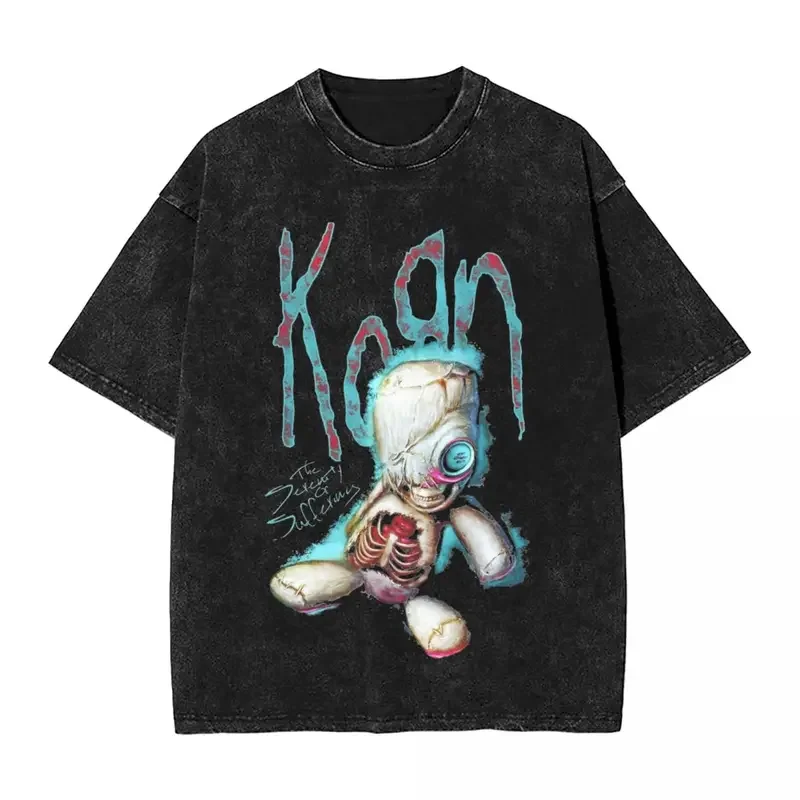 Washed T Shirts Music Rock Korn Band Hip Hop Retro T-Shirt Oversize Streetwear 100% Cotton Graphic Tops Tees for Men Women