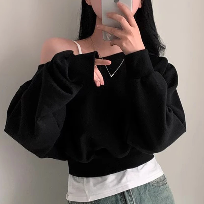 Suda e de Color puro para mujer, Top corto con hombros descubiertos, hoado, de manga larga, diseño de un hombro,...