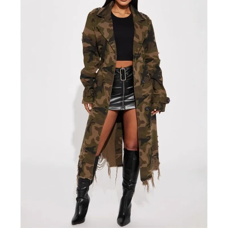 

2025 Autumn and Winter Women's Clothing Ripped Personalized Camouflage Long Trench Coat