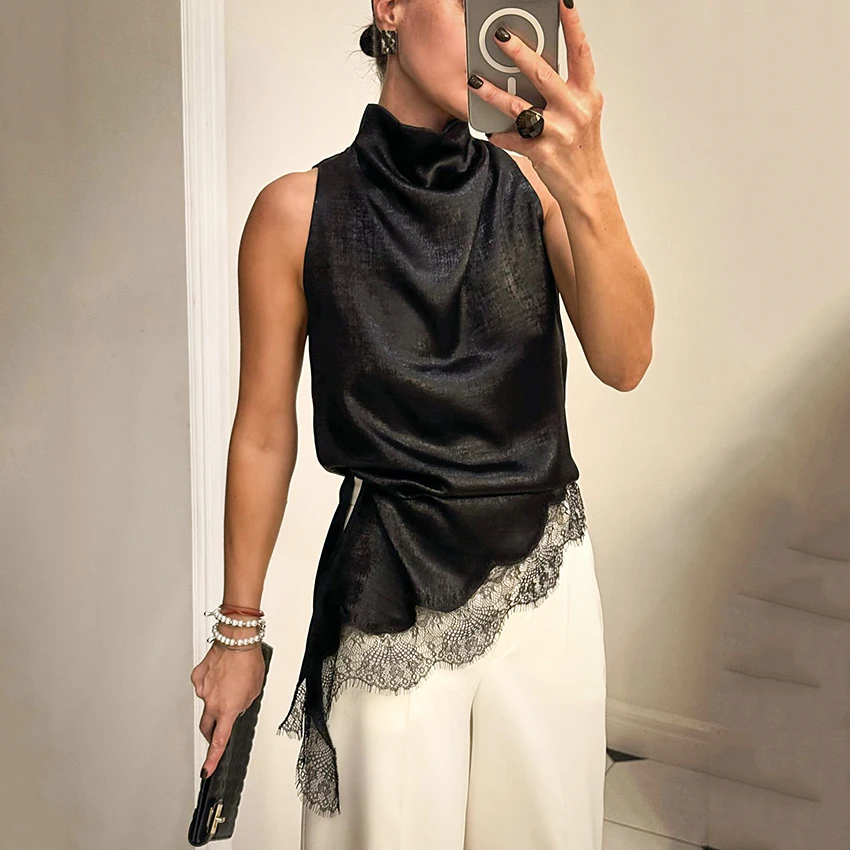 Linad أنيقة الدانتيل غير النظامية الياقة المدورة تانك القمم الشارع شيك الأسود سترة دون أكمام الإناث موضة المرقعة كاميس 2026 الربيع #3