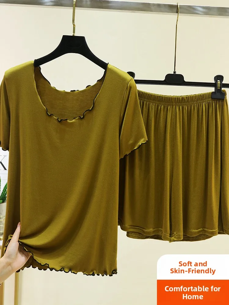 Loose Modal Pajama Set Women Summer Home Clothes round Neck Short Sleeve Shorts Two-Piece Set Comfortable Breathable Sleepwear