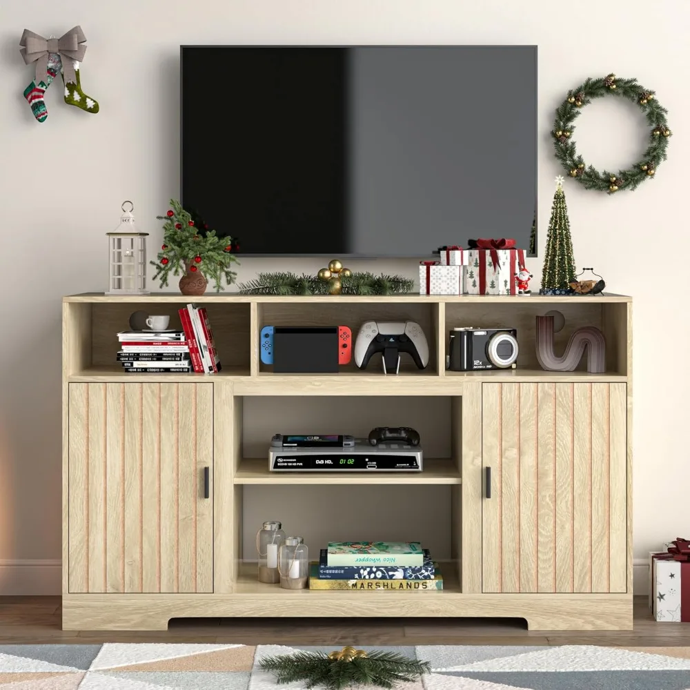 

Farmhouse TV Stand for 65 Inch TV, Tall TV Stand with Storage Fluted Entertainment Center TV Console Table with Power Outlet Med