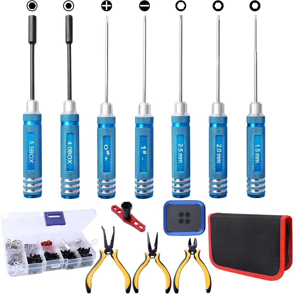 

Набор инструментов для радиоуправления — радиоуправляемая отвертка (плоская/крестовая/шестигранная), комплект винтов, плоскогубцы, колесный ключ, лоток для радиоуправляемого автомобиля, квадрокоптера FPVDone, вертолета