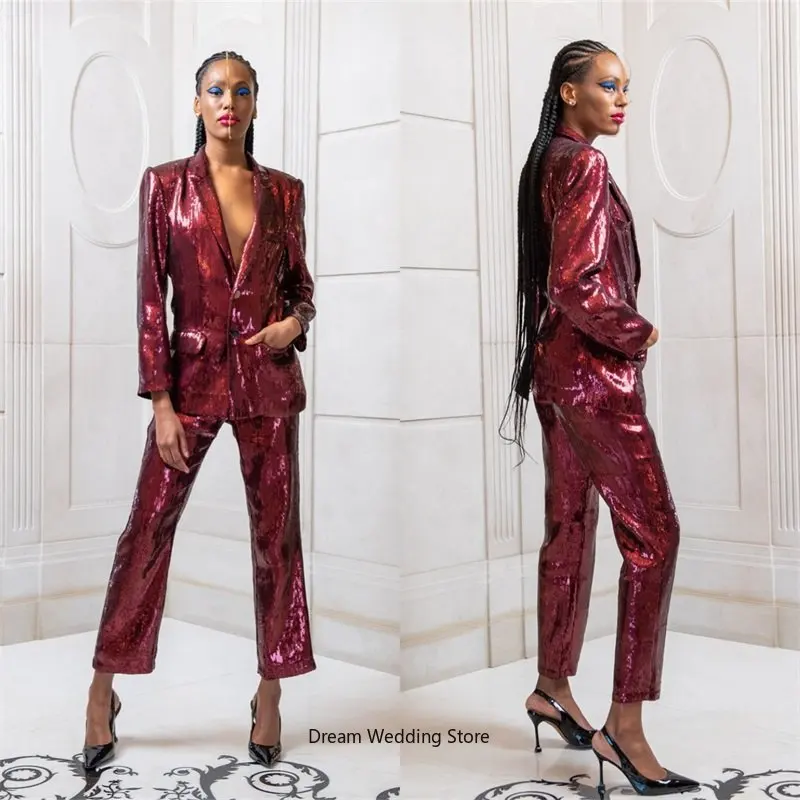 Burgundy Glitter Sequin Women Suits sets 2 Pieces Blazer+Pants Sexy Single Breasted Formal Prom Evening Custom Made Free Shiping