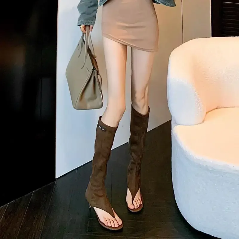 Picture 3: Summer Boots 2025 Black Open Toe Clip-On Knee Boots Women's Modern Booties Thin Low Heel Heels New Side Zip Spring Party Sandals