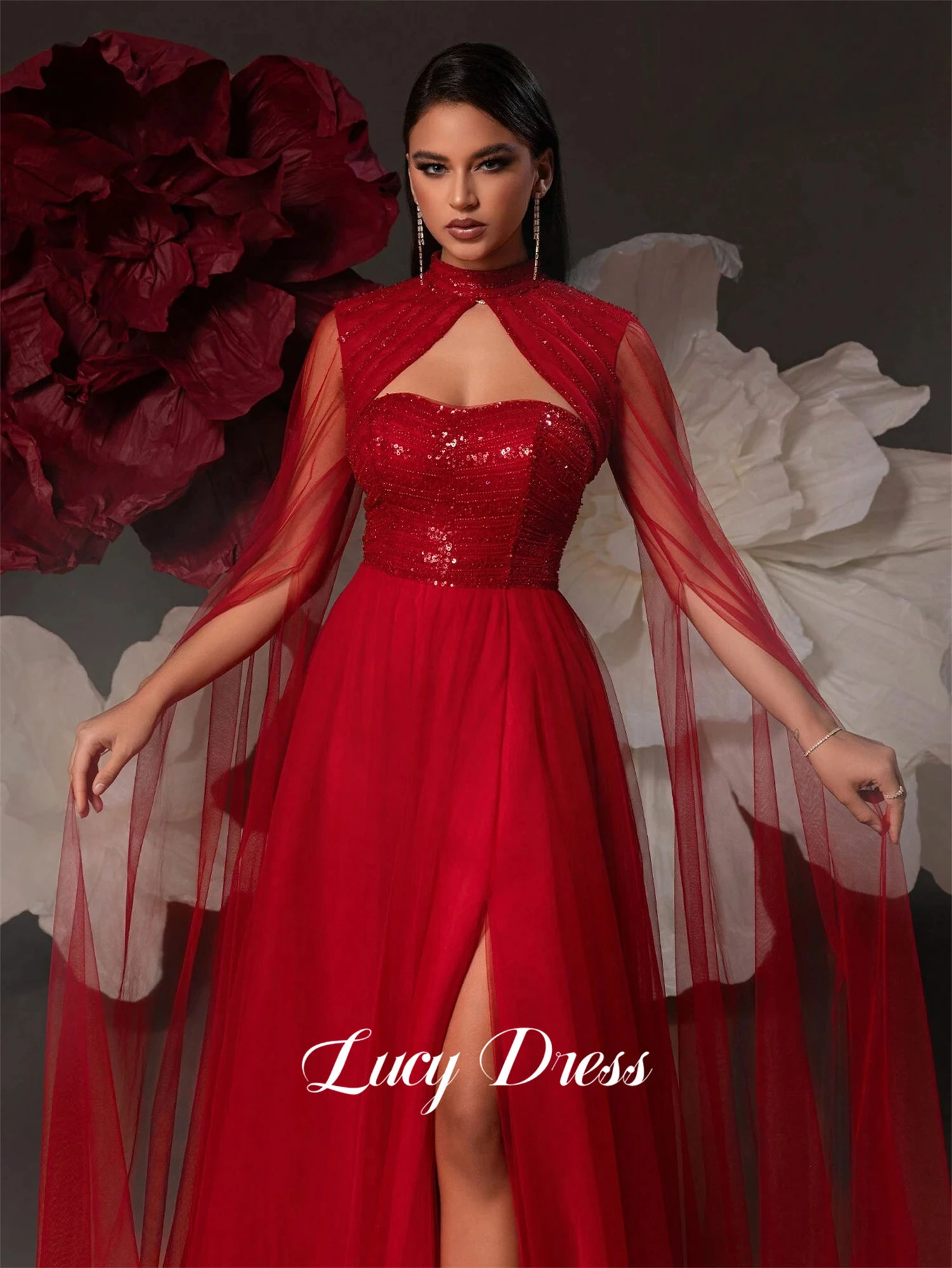 Lucy Ball Gown Line A Shiny Fabric Graduation Mesh Shawl Deep Red Party Dress Long Dresses With Sleeves Evening Customized