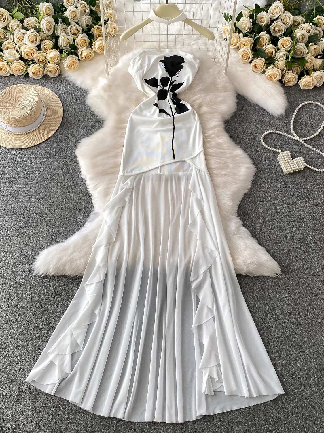 アメリカンスタイルのスパイシーガールブラックローズプリントストラップレスドレス女性の夏の純粋な欲望メッシュスプライスレース裾ロングスカート