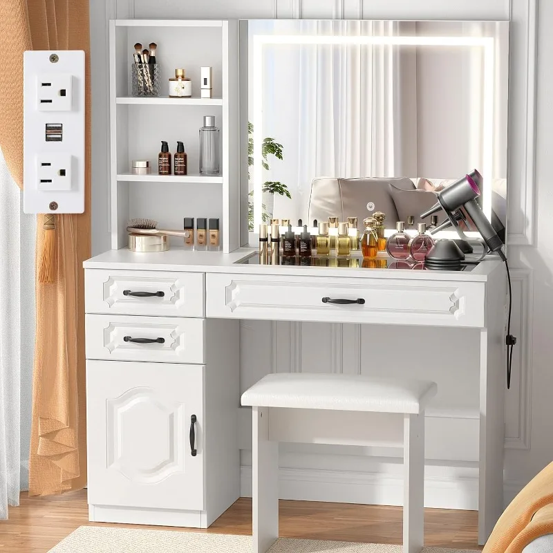 

Vanity with Lighted Mirror - Makeup Vanity Desk with Glass Top,Power Strip,Drawers and Shelves,3 Color Lighting Modes Adjustable