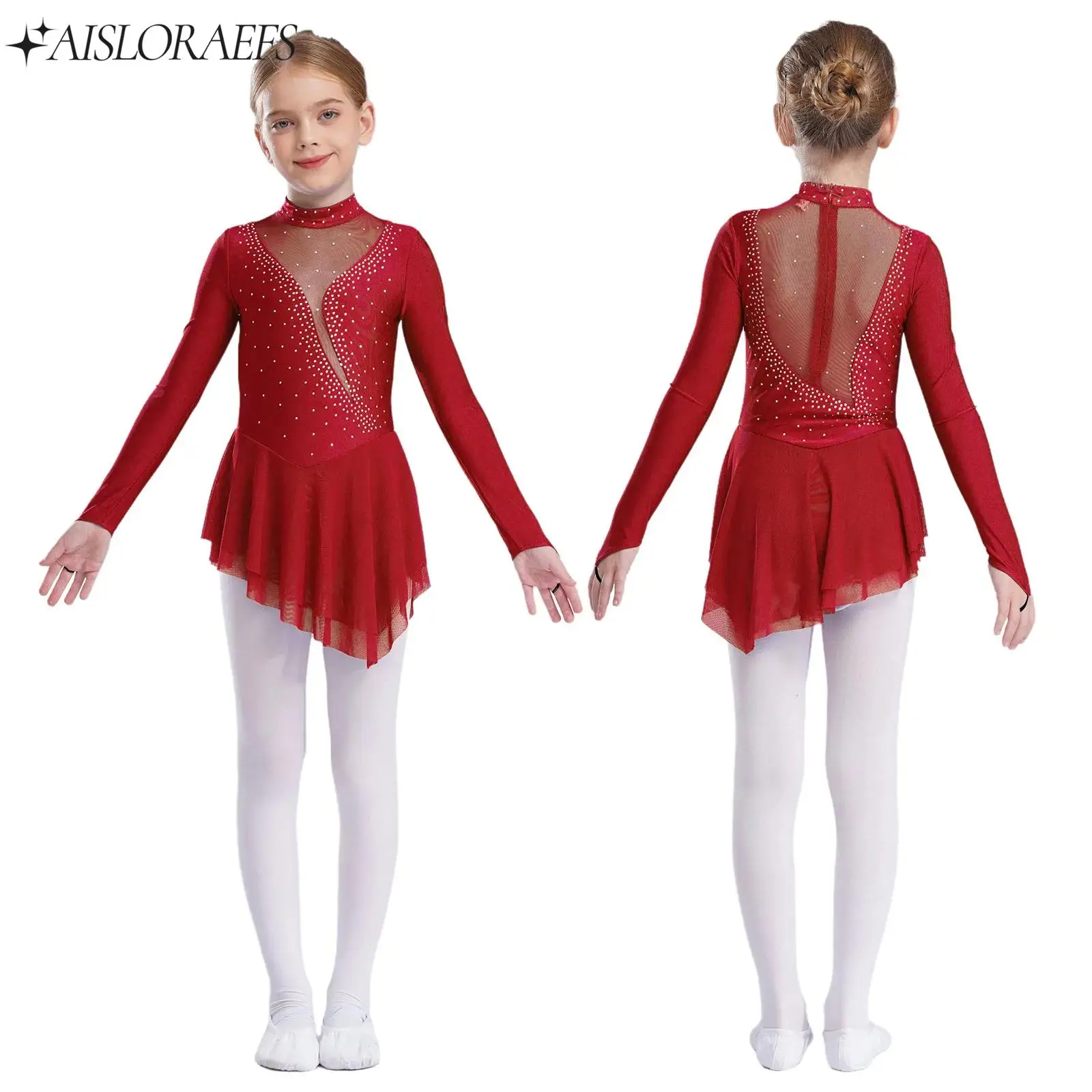 

Rhinestones Lyrical Ballet Dance Dresses for Kids Girls Sheer Mesh Long Sleeve Dress Modern Figure Skating Performance Costumes