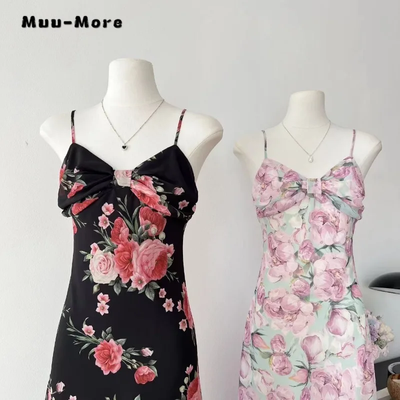 Women Vintage Floral Print V-neck Bow Backless Mid-Calf Dress 2024 Summer Elegant Sleeveless High Waist Camisole Suspender Dress