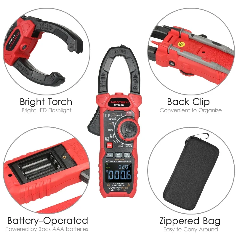 Naughty Bird HT208D Digital Clamp Meter AC/DC True-RMS Multimeter Anto-Ranging Tester Current Clamp Digital Ammeter Clamp Meter