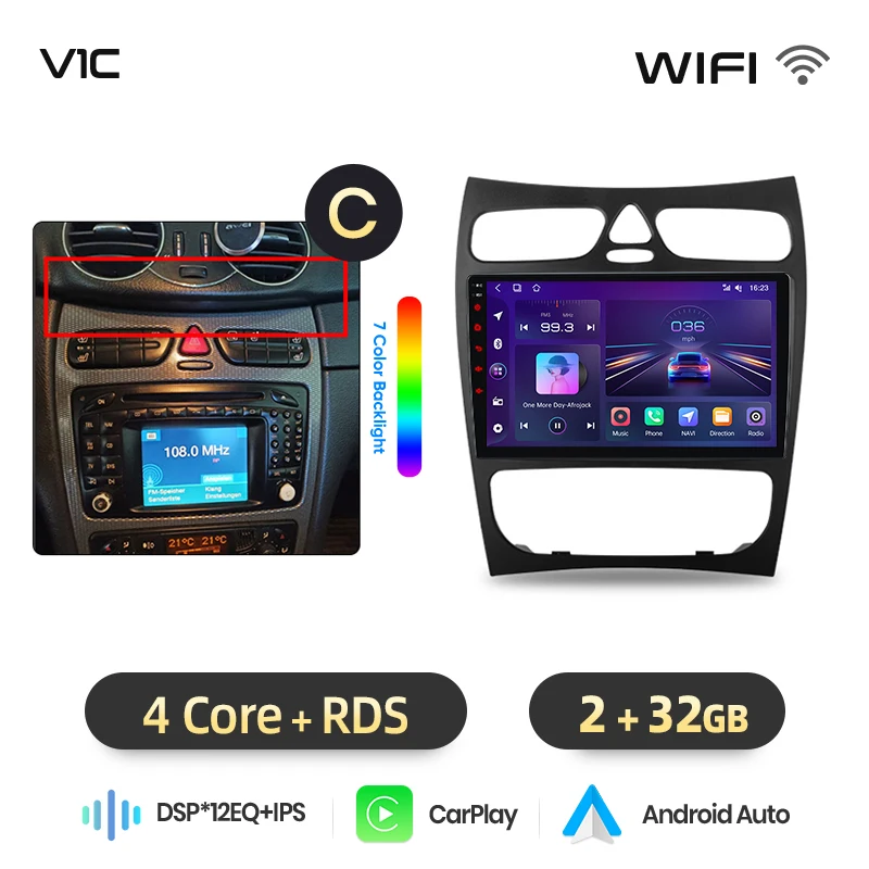 Junsun draadloze CarPlay Android Auto autoradio voor Mercedes-Benz C-Klasse (W203) / CLK-Klasse (C209/A209) 2000-2009 met ingebouwde koelventilator, Android GPS navigatie, multimediaspeler, WiFi, DSP,