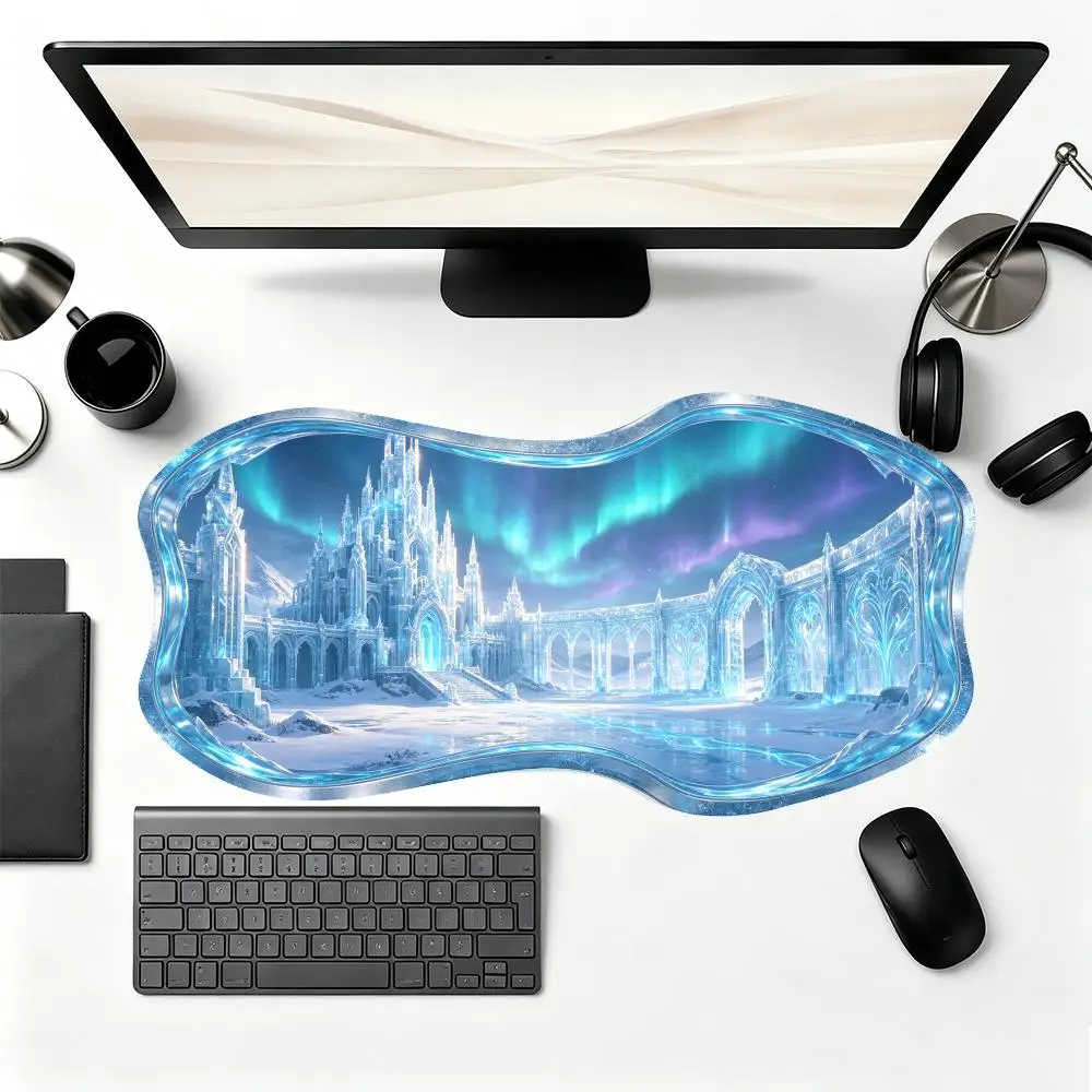Ice Blue Aurora Castle Gaming Mouse Pad Thick Rubber Smooth Glide Creative Special Shaped For Gaming Room