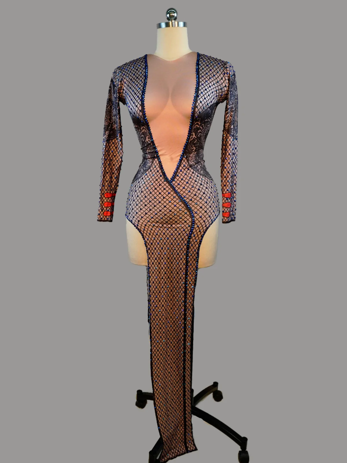 شنغهاي إحياء شيونغسام جديد وصول حجر الراين فستان المرأة الأزهار طباعة طويلة الأكمام عالية الشق المرحلة زي سحب حفلة تنكرية