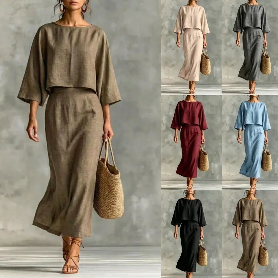 Women's Three Quarter Sleeve Crop Top And Long Skirt Two Piece Set Loose Fit Elegant Versatile Trendy Commute Office Outfit Suit