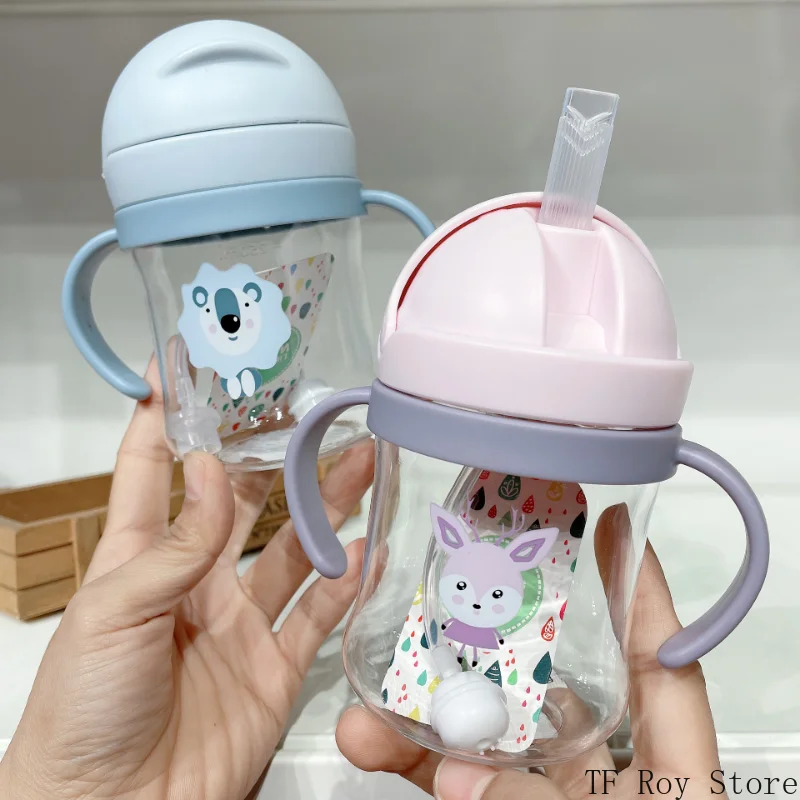 250ml Cartoon Animal Baby Kids Water Sippy Cup Double Handle Drinking Water Bottle Gravity Ball Straw Baby Children\'s Cups