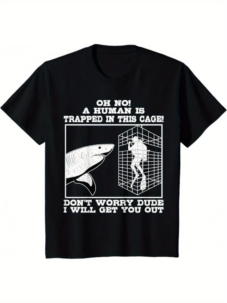 

Vintage Funny Shark Cage Horror Parody-"Oh No! A Human Trapped"Graphic-100% cotton O-neck printed men's T-shirt.
