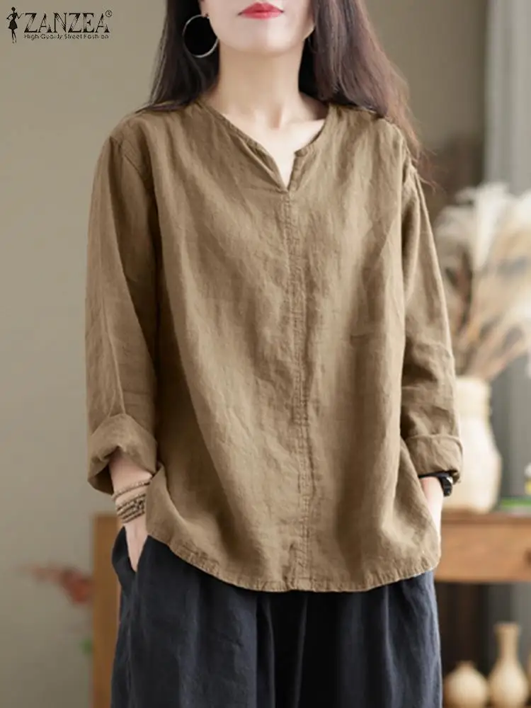 Vintage Women Blouse Autumn Long Sleeve Shirt Female V Neck Work Holiday Blusas ZANZEA Casual Solid Loose Shirt Cotton Chemise