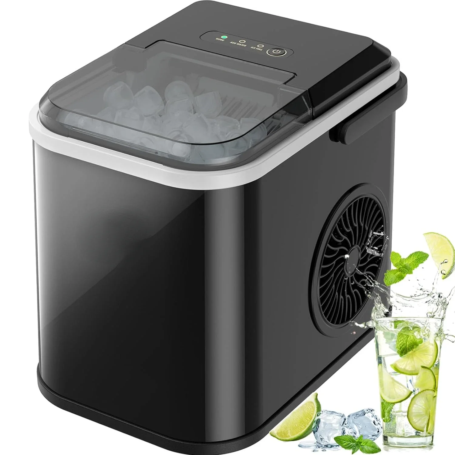 Convenient Self-Cleaning Ice Maker Machine with Handle for Countertop Use, Produces 26.5lbs of Ice in 24 Hours, Delivers 8 Cubes