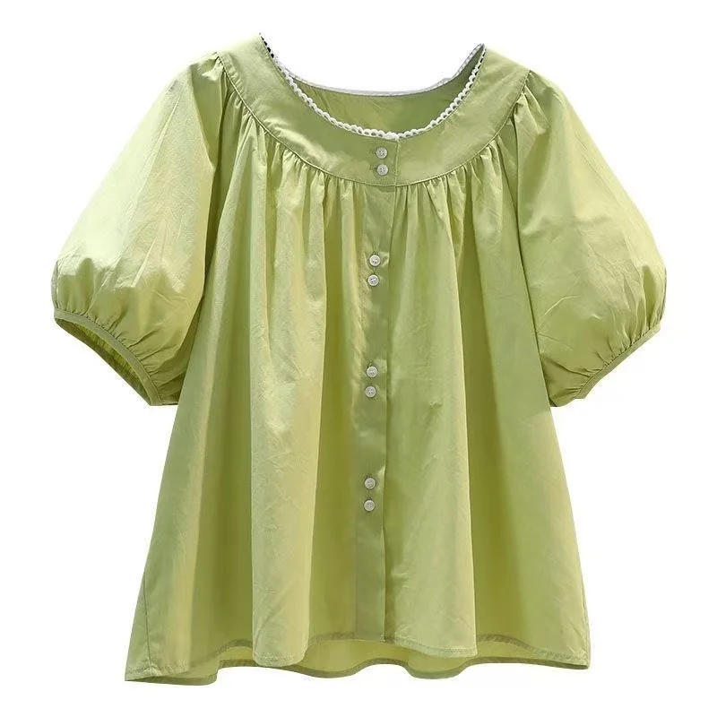 

Women's Summer 2026 round Neck Splice Bubble Sleeve Loose Pleated Shirt Short Sleeve Top Fashionable Casual Polyester Fiber