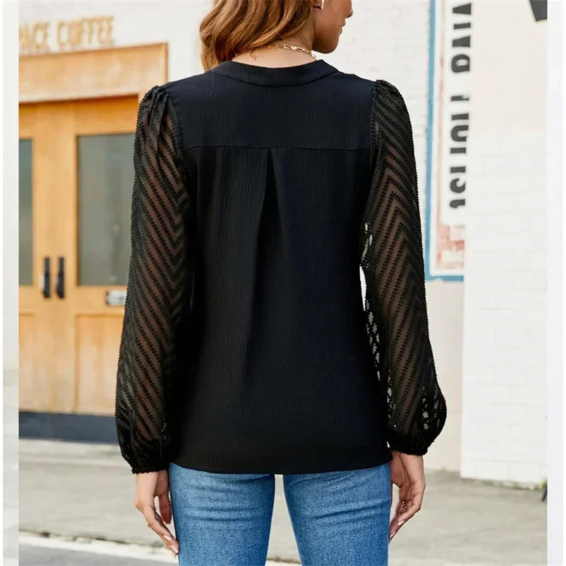 Blusa feminina de manga comprida com decote em v, pulôver feminino, monocromático, renda, bolha, elegante, casual, viajante, tops coreanos, outono