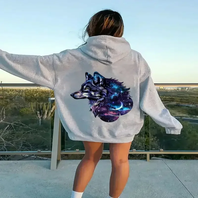 Streetwear Galaxy Wolf Print Hooded Casual Starry Night Design Sweatshirt Machine Washable Womens Autumn And Winter Clothes