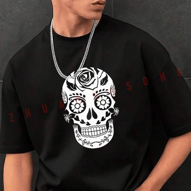 

Skull Flower Pattern Design Tshirt Men Black New Hip Hop O-neck Tee Shirt Crew Neck Tops Casual T-shirt