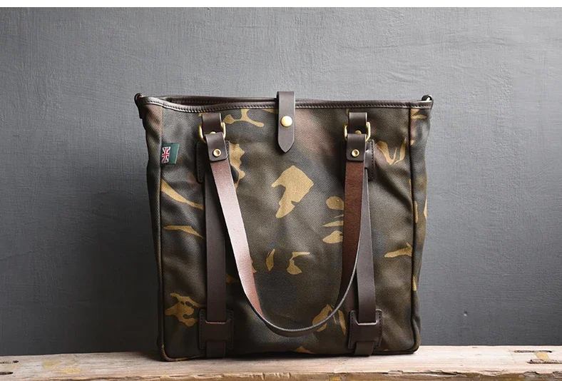 Tailor Brando Heavy Waxed Canvas Camouflage Shoulder Handbag Size 36*34*11cm Retro Men's Casual Business Computer Tote Bag