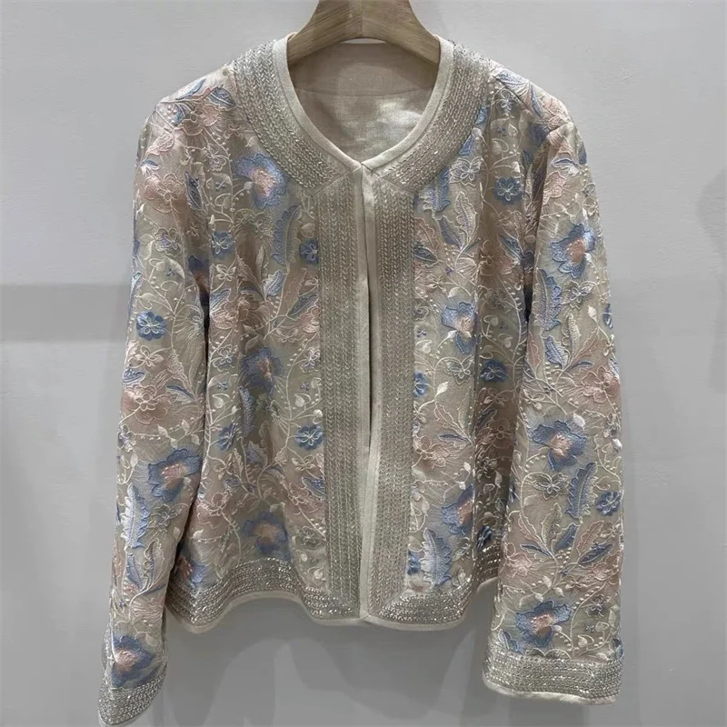 

Luxury Diamonds Beading Floral Embroidery Jacket Women O Neck Long Sleeves Open Stitch Coats Brand Loose Outwear